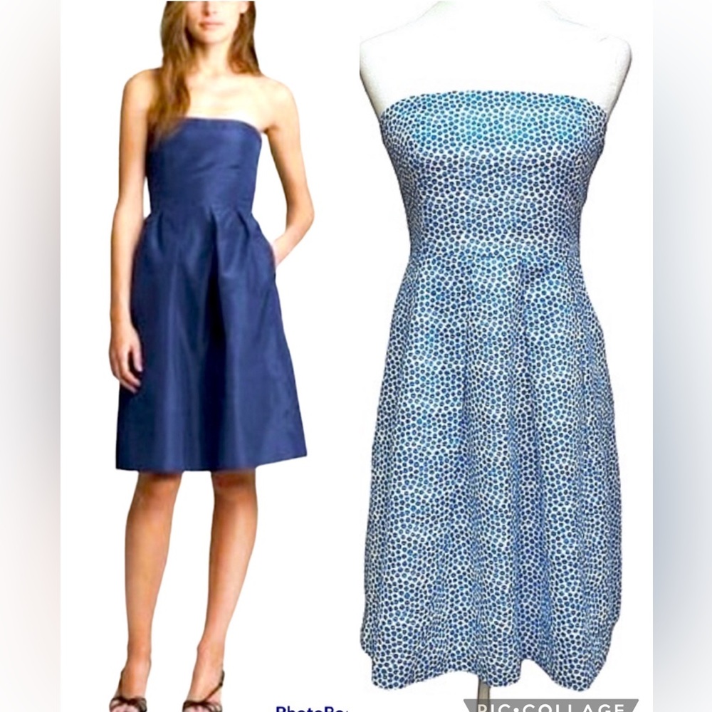 J. Crew Blue and White Strapless Summer Classic Dress